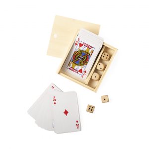 jogo cartas e dados em madeira